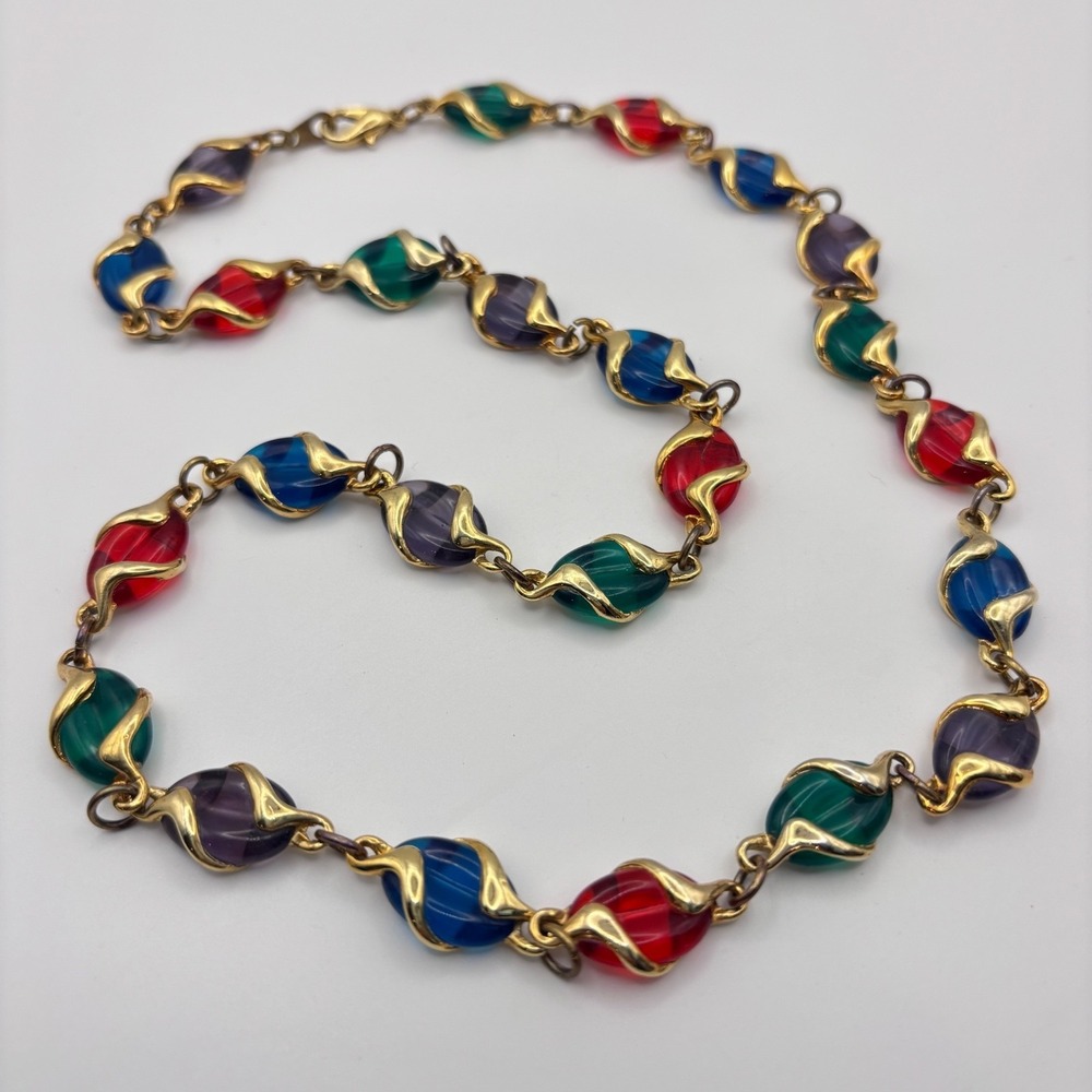 Vintage Caged Multicolor Glass Gold plated Necklace No Signature Tag 24"